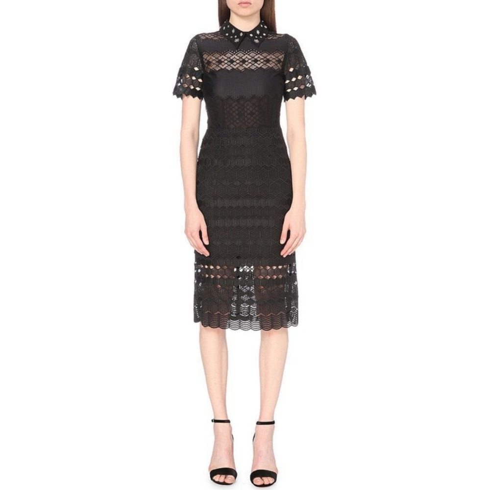 Sandro Radiance Black Lace Short Sleeve Collar Midi Dress